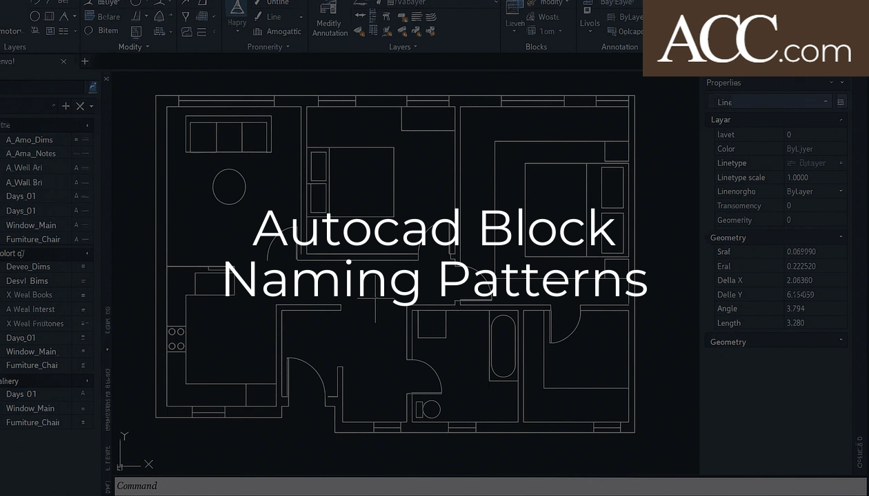 Autocad Block Naming Patterns, showcasing a detailed floor plan design in a digital interface, highlighting various block names such as "Window_Main," "Furniture_Chair," and "Days_01," along with their associated properties like line type and geometry dimensions. The image features a grid layout with labeled blocks and a user interface typical of AutoCAD software, illustrating efficient block naming conventions for CAD projects and architectural drafting.