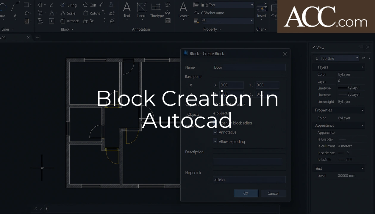 Block Creation In Autocad; an interface showing the 'Block - Create Block' dialog in AutoCAD, featuring options to set the base point, name the block, and include object properties. The background displays a floor plan drawing with various room outlines and furniture placements. The top part of the interface contains tools and menu items related to AutoCAD editing functions. Semantic keywords include CAD design, architectural drafting, block editor, AutoCAD tutorial, and design software functionalities.